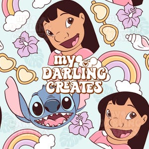 May include: A seamless pattern featuring Stitch and Lilo from the Disney movie Lilo & Stitch. The pattern includes rainbows, hearts, flowers, and the text "my darling creates".