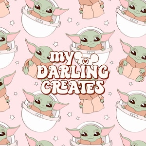 May include: A pink background with a repeating pattern of a green baby Yoda character. The character is wearing a brown robe and is sitting in a white pod. The text "my darling creates" is in the center of the image.