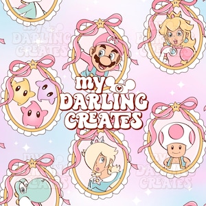 Op de afbeelding: Een herhalend patroon met ovale frames met stripfiguren uit de Super Mario-franchise. Elk frame is versierd met een roze strik en ster. De tekst "my darling creates" is ook zichtbaar.
