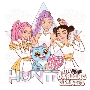 May include: Illustration of three women in white outfits with gold accents, making peace signs. A blue cat and a pink heart are in the center. The word "HUNT" is at the bottom, with "my DARLING CREATES" below it.