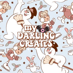 May include: A whimsical pattern featuring a snowman, a girl ice skating, a bunny rabbit, and the text "My Darling Creates". The design is in brown, pink, and white on a light blue background.
