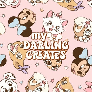 May include: A pink background with a repeating pattern of cartoon characters from Disney films. The characters include Mickey Mouse, Minnie Mouse,  a Dalmatian, a cat, a deer, and a squirrel. The text "my darling creates" is in the centre of the image.