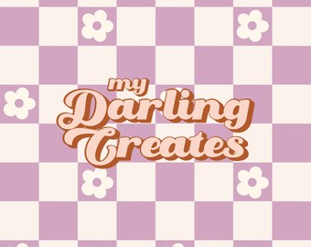 May include: A digital design featuring a checkerboard pattern in lavender and cream, adorned with white daisy-like flowers. The words "my Darling Creates" are displayed in a retro font, adding a touch of vintage charm to the design.