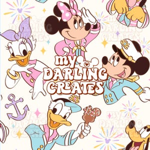 May include: A repeating pattern featuring cartoon characters Minnie Mouse, Daisy Duck, Donald Duck, and Mickey Mouse in pastel colors. The text "My Darling Creates" is in the center. Fireworks and anchor icons are also present.