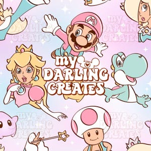 May include: A repeating pattern featuring cartoon characters, including Mario, Princess Peach, Yoshi, and Toad. The characters are in various poses against a pastel background. The text "my DARLING CREATES" is also present.