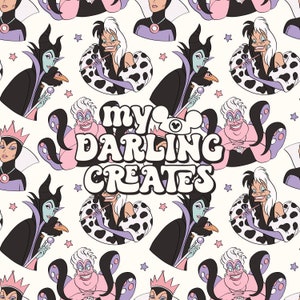 May include: A white background with a repeating pattern of cartoon characters from Disney movies. The characters include Cruella De Vil, Ursula, and Maleficent. The text "my darling creates" is in the center of the image.