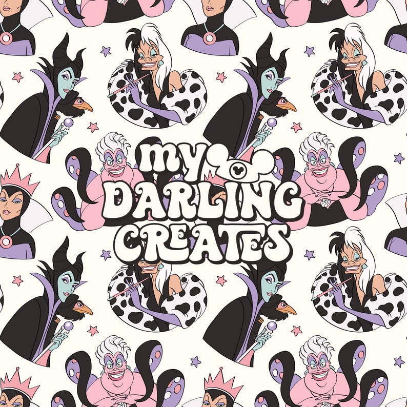 May include: A white background with a repeating pattern of cartoon characters from Disney movies. The characters include Cruella De Vil, Ursula, and Maleficent. The text "my darling creates" is in the center of the image.