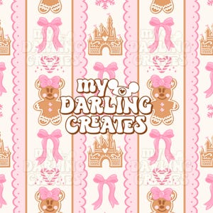 May include: A repeating pattern featuring gingerbread bears with pink bows, gingerbread castles, candy canes, and pink bows on a cream background with pink scalloped stripes. The text my DARLING CREATES is centred in brown and white.