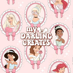Magical Princesses in Frames Pink Coquette Seamless File for Fabric Sublimation | Repeating Pattern