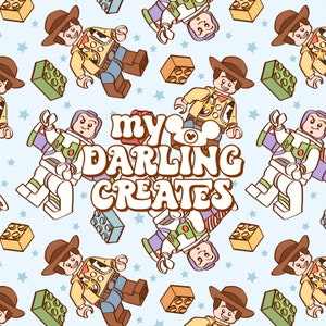 May include: A seamless pattern featuring cartoon characters from the Toy Story franchise, including Woody and Buzz Lightyear, against a light blue background with white stars. The text "my darling creates" is featured in the center of the pattern.