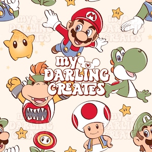 Può includere: Motivo ripetuto con personaggi della serie di videogiochi Super Mario. Il design include Mario, Yoshi, Toad, Bowser e altri elementi, con il testo "My Darling Creates" in un font retrò, su sfondo crema.