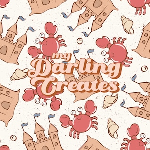 May include: A seamless pattern featuring a light brown sandcastle, red crabs, seashells, and the text "my Darling Creates" in a retro font.