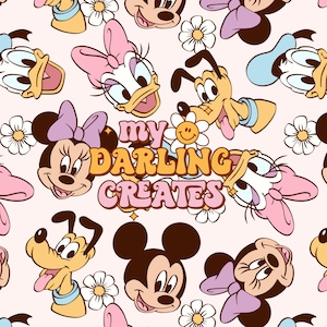 May include: A pink background with a repeating pattern of cartoon characters, including Mickey Mouse, Minnie Mouse, Donald Duck, Daisy Duck, Goofy, and Pluto. The text "my darling creates" is in the center of the image in a retro font.