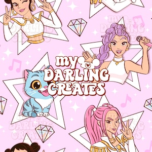 May include: A repeating pattern featuring cartoon illustrations of women, a blue cat, diamonds, musical notes, and stars on a light pink background. The text "my DARLING CREATES" is also present. The women are in various poses.