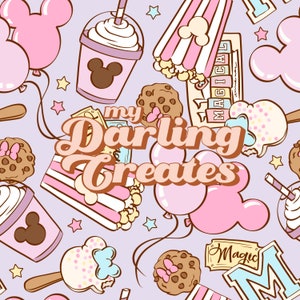 Puede incluir: Un fondo morado con una variedad de imágenes de dibujos animados que incluyen orejas de Mickey Mouse, palomitas de maíz, helado y globos. El texto "my Darling Creates" está en el centro de la imagen.