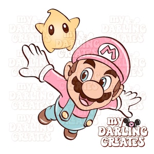 Puede incluir: Una ilustraci&oacute;n de dibujos animados de un personaje con un atuendo rosa con un sombrero rosa y un bigote marr&oacute;n, con un personaje en forma de estrella flotando cerca. El personaje est&aacute; sonriendo y tiene un overol azul. El texto "my DARLING CREATES" est&aacute; en la parte inferior.