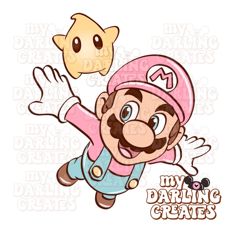 Puede incluir: Una ilustraci&oacute;n de dibujos animados de un personaje con un atuendo rosa con un sombrero rosa y un bigote marr&oacute;n, con un personaje en forma de estrella flotando cerca. El personaje est&aacute; sonriendo y tiene un overol azul. El texto "my DARLING CREATES" est&aacute; en la parte inferior.