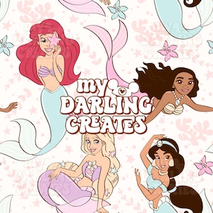 May include: A seamless pattern featuring four Disney princesses as mermaids. Ariel, Tiana, Jasmine, and Rapunzel are depicted with their signature hairstyles and outfits. The background is a light pink with white stars and flowers. The text "my darling creates" is in the centre of the pattern.