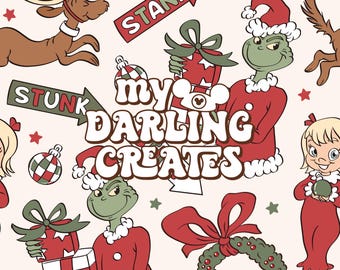 以下が含まれることがあります： クリスマスをテーマにした物語のキャラクターと要素を繰り返すパターン。 グリンチ、シンディ・ルー・フー、トナカイ、ギフト、そして「My Darling Creates」と「Stunk」というテキストが含まれています。 カラーパレットは赤、緑、白です。