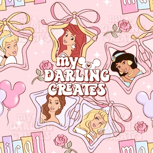 May include: A pink pattern featuring Disney princesses in star-shaped frames with bows and roses. The text "my darling creates" is in the center. Mickey Mouse-shaped balloons and other decorative elements complete the design.