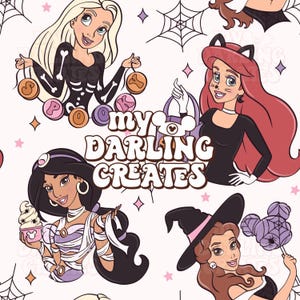 Magical Spooky Princesses Halloween and Fall Theme Park | Digital Download | Seamless File for Fabric Sublimation | Repeating Pattern