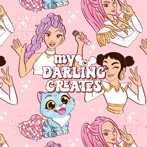 Può includere: Un motivo ripetuto con illustrazioni di donne alla moda, un gatto blu e una palla da discoteca a forma di cuore su sfondo rosa. È presente anche il testo "my darling creates". L'opera d'arte ha un'estetica giocosa e vibrante.