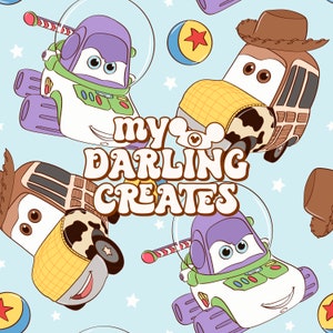 May include: A seamless pattern featuring cartoon illustrations of toy cars, including a purple and white spaceship car, a brown and yellow car with a cowboy hat, and a yellow and brown car with a cow pattern. The text "my darling creates" is featured in the center of the pattern.