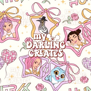 May include: Seamless pattern featuring cartoon characters in star-shaped frames with pink bows. The design includes a bird wearing a hat, a cat, and women with pink hair. The text "my DARLING CREATES" is also present.