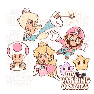 May include: A collection of cartoon illustrations featuring characters from the Super Mario franchise. The image includes Princess Peach, Mario, Toad, and Rosalina, along with star-shaped characters. The text "my DARLING CREATES" is also present.
