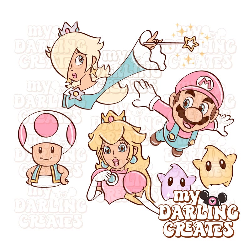 May include: A collection of cartoon illustrations featuring characters from the Super Mario franchise. The image includes Princess Peach, Mario, Toad, and Rosalina, along with star-shaped characters. The text "my DARLING CREATES" is also present.