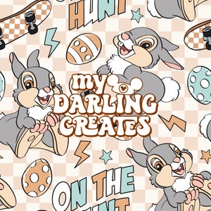May include: A repeating pattern featuring a cartoon bunny rabbit holding a skateboard, Easter eggs, and the text "My Darling Creates" and "On The Hunt".