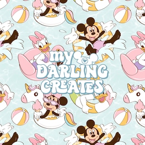May include: A colorful, cartoon-style pattern featuring Mickey Mouse, Minnie Mouse, Donald Duck, and Daisy Duck enjoying a summer day in the pool. The characters are riding inflatable pool floats shaped like a unicorn, a flamingo, and a donut. The background is a light blue with a wavy pattern, suggesting water. The text "my darling creates" is featured in the center of the pattern.