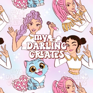 Peut inclure: Motif répété avec des illustrations de dessins animés de femmes, un chat bleu et un cœur disco. Les femmes ont différentes coiffures et portent des tenues blanches. Le texte "my DARLING CREATES" est affiché dans une police rétro.