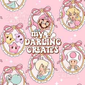 May include: A pink pattern featuring framed cartoon characters from the Super Mario franchise, including Mario, Princess Peach, and Toad. Each character is set within a gold oval frame with a pink bow and star. The text "My Darling Creates" is also featured.