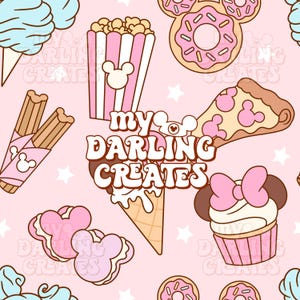 May include: A pink seamless pattern featuring various food items and treats, including popcorn, pizza, donuts, and ice cream cones, all with a Mickey Mouse theme. The text "my DARLING CREATES" is also included.