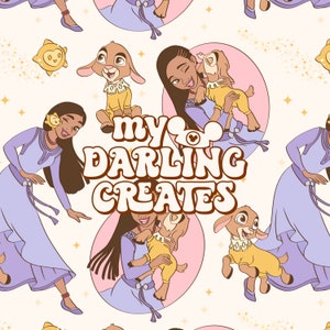 May include: A seamless pattern featuring a cartoon princess with brown hair and a purple dress, holding a fawn. The pattern also includes a fawn, a sun, and the text "my darling creates".