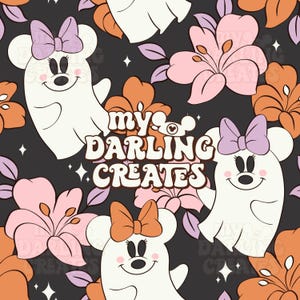 Magical Spooky Floral Mouse Ghost Halloween & Fall Theme Park | Digital Download | Seamless File for Fabric Sublimation | Repeating Pattern