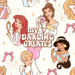 May include: A repeating pattern featuring illustrations of Disney princesses, including Ariel, Belle, and Jasmine, with the text "my DARLING CREATES". The design includes pink bows, balloons, and star accents on a cream background.