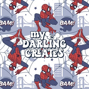 May include: A white background with a repeating pattern of a red and blue cartoon superhero swinging on a web. The text "My Darling Creates" is in the center of the image.
