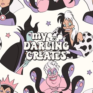 May include: A white background with a repeating pattern of Disney villains. The villains include Maleficent, Cruella de Vil, and Ursula. The text "My Darling Creates" is in the center of the image.
