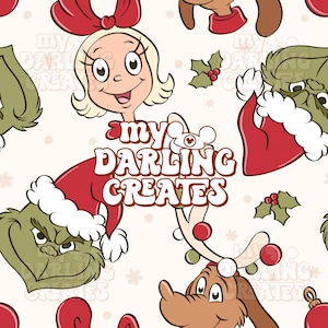 May include: A repeating pattern featuring characters from a Christmas story, including a girl with a red bow, a green creature in a Santa hat, and a dog with reindeer antlers. The text "my DARLING CREATES" is visible. The background is a light beige colour.
