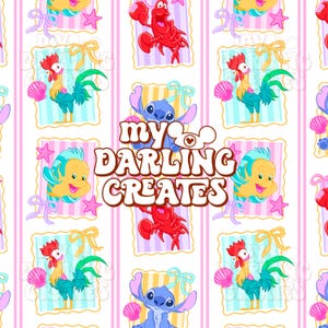 May include: A repeating pattern featuring cartoon characters like Sebastian the crab, Flounder, Stitch, and a rooster. The design includes pink and white stripes, bows, and the text "My Darling Creates".