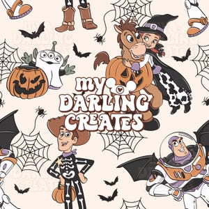 May include: A seamless pattern featuring cartoon characters in Halloween costumes. The design includes a cowboy, a space ranger, a witch, and a horse carrying a pumpkin. Bats, spiders, and spiderwebs are also present. The text "my DARLING CREATES" is in the center.