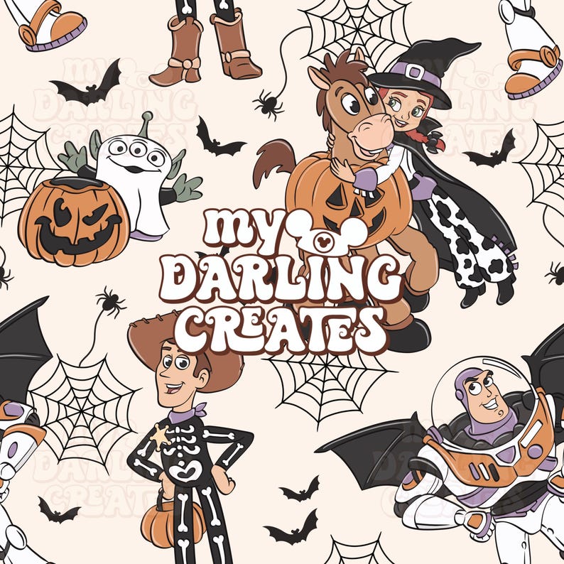 May include: A seamless pattern featuring cartoon characters in Halloween costumes. The design includes a cowboy, a space ranger, a witch, and a horse carrying a pumpkin. Bats, spiders, and spiderwebs are also present. The text "my DARLING CREATES" is in the center.