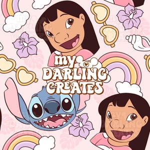 May include: A pink and blue seamless pattern featuring cartoon characters Lilo and Stitch. The pattern includes rainbows, hearts, flowers, and the text "my darling creates".