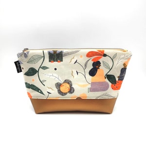 Borsa da toilette piccola fatta a mano * borsa da toilette in cotone e finta pelle * borsa da toilette con stampa di donne e fiori * astuccio grande