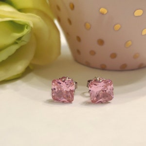Pink Earring | Cubic Zirconia Earring | Cubic Zirconia Earring Stud | Sterling Silver Earring | Silver Stud Earring | Square Stud Earring