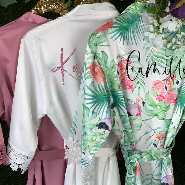 Tropical Leaf Robes, Bridesmaid Robes, Bachelorette Party Robes, Bridesmaid Gift, Wedding Bridal Party Robes, Flamingo Robes, Kimono FL720