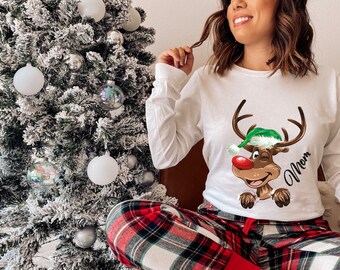 Camisa de Natal de rena personalizada, camisas de manga comprida para o feriado, presente de Natal de 2023, camisas combinando para a família, camisas fofas para o feriado 520