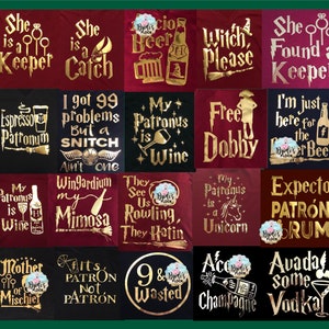 May include: A collection of various t-shirts with gold lettering and graphics on burgundy and black backgrounds. The shirts feature phrases like "She is a Keeper," "Espresso Patronum," and "My Patronus is Wine." The overall theme is related to a popular fantasy series.